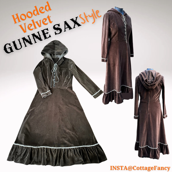 TALL L-XL Gunne Sax Style Hood Brown Velvet Dress Renaissance LARP Fairy Costume - Picture 1 of 12